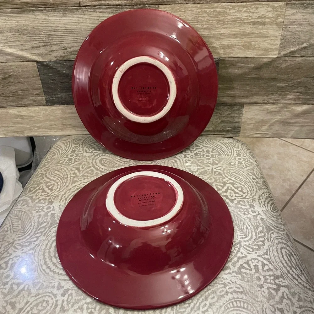 Pottery Barn Sausalito Red Pasta Bowls Set of 2 Stoneware Wide Rim 10
